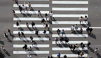 Aerial view of busy crosswalk with people, Seoul, Korea