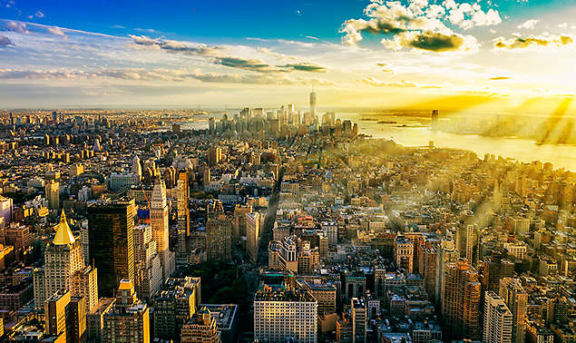 Midtown and Downtown Manhattan in the last rays of the setting sun