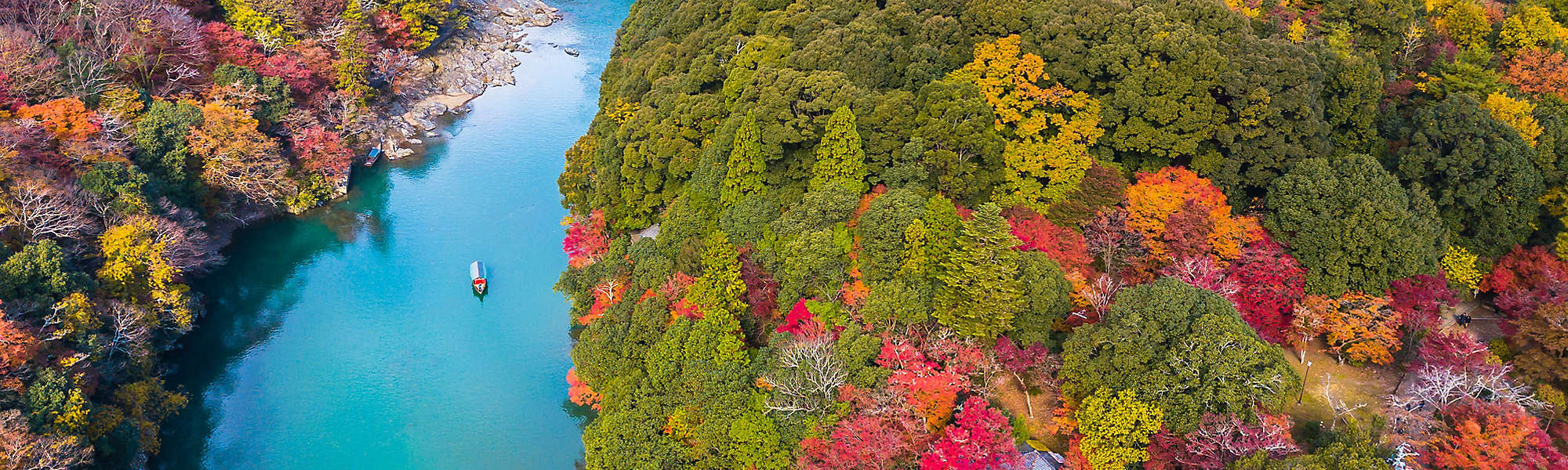 Aerial boat river autumn Kyoto