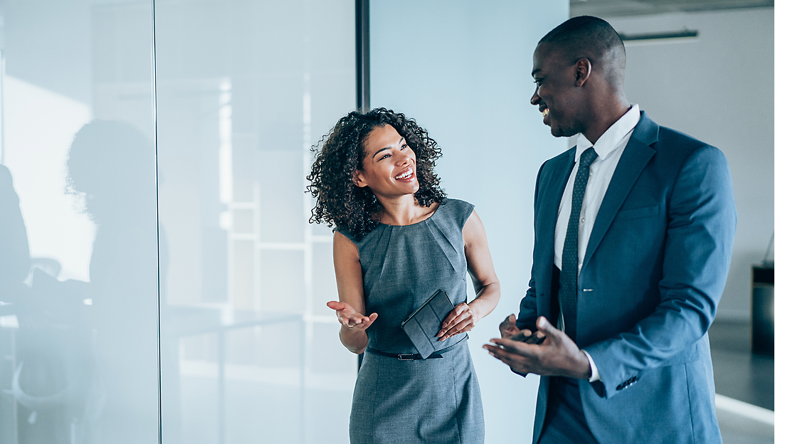 two workers talking