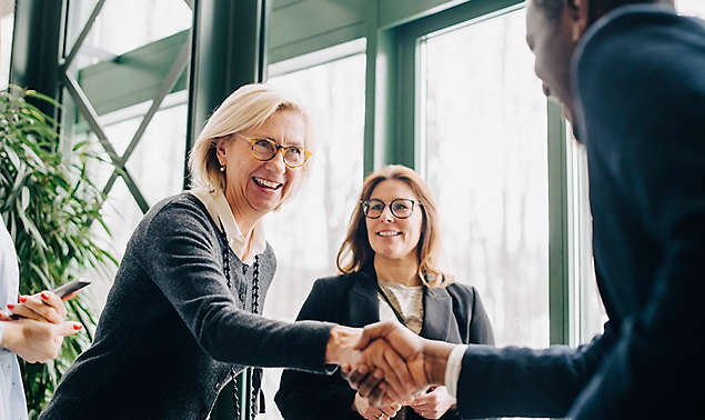 senior businesswoman greeting colleagues