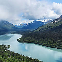 River and mountains on a cloudy day.