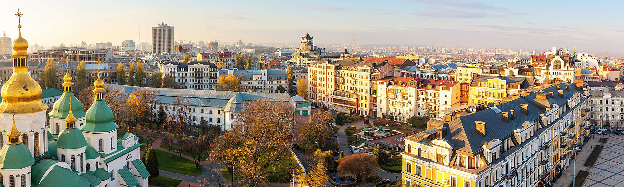 Aerial view of Kyiv city, center district, Ukraine. Panoramic cityscape
