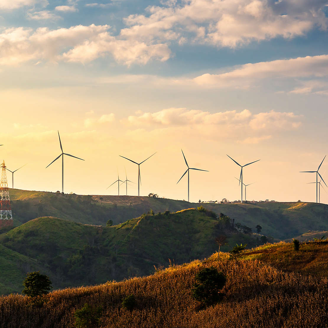 Wind turbines on rolling hills