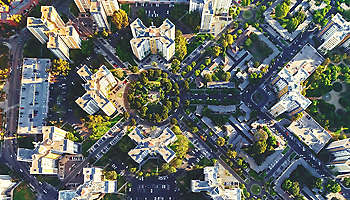 Aerial view of buildings on near Wilshire Blvd in Westwood, LA